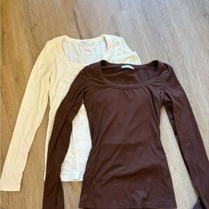 Women's Long Sleeve Tops - Cream and Brown